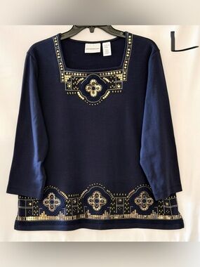 Alfred Dunner Navy Top with Gold Sequin Embellishment